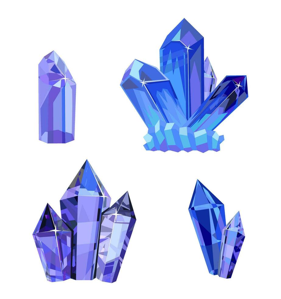 Purple, lilac crystals. Rough glowing rocks stalagmites, isolated jewelry precious or semiprecious gemstones. set vector