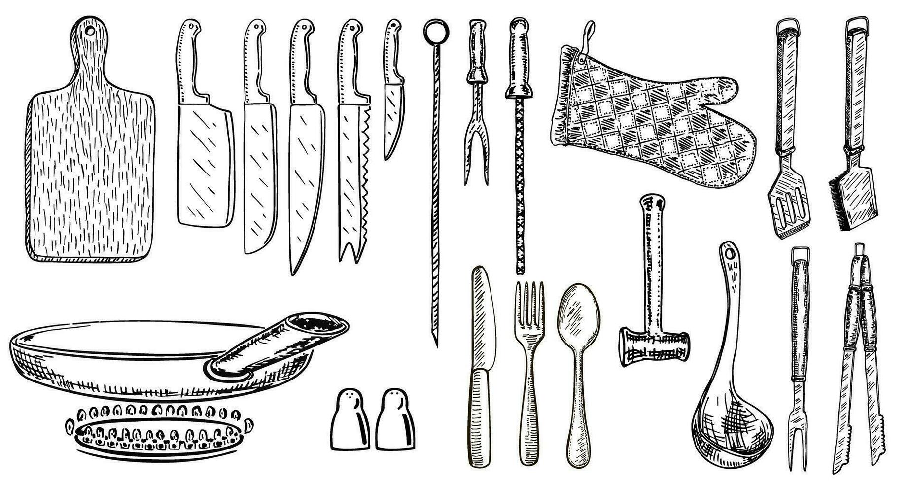 conjunto de cocina utensilios cocina herramientas. dibujado a mano platos y cuchillería. Cocinando herramientas para hogar y restaurante. vector ilustración en blanco antecedentes. cuchillos, corte junta, agarrando, cuchillería