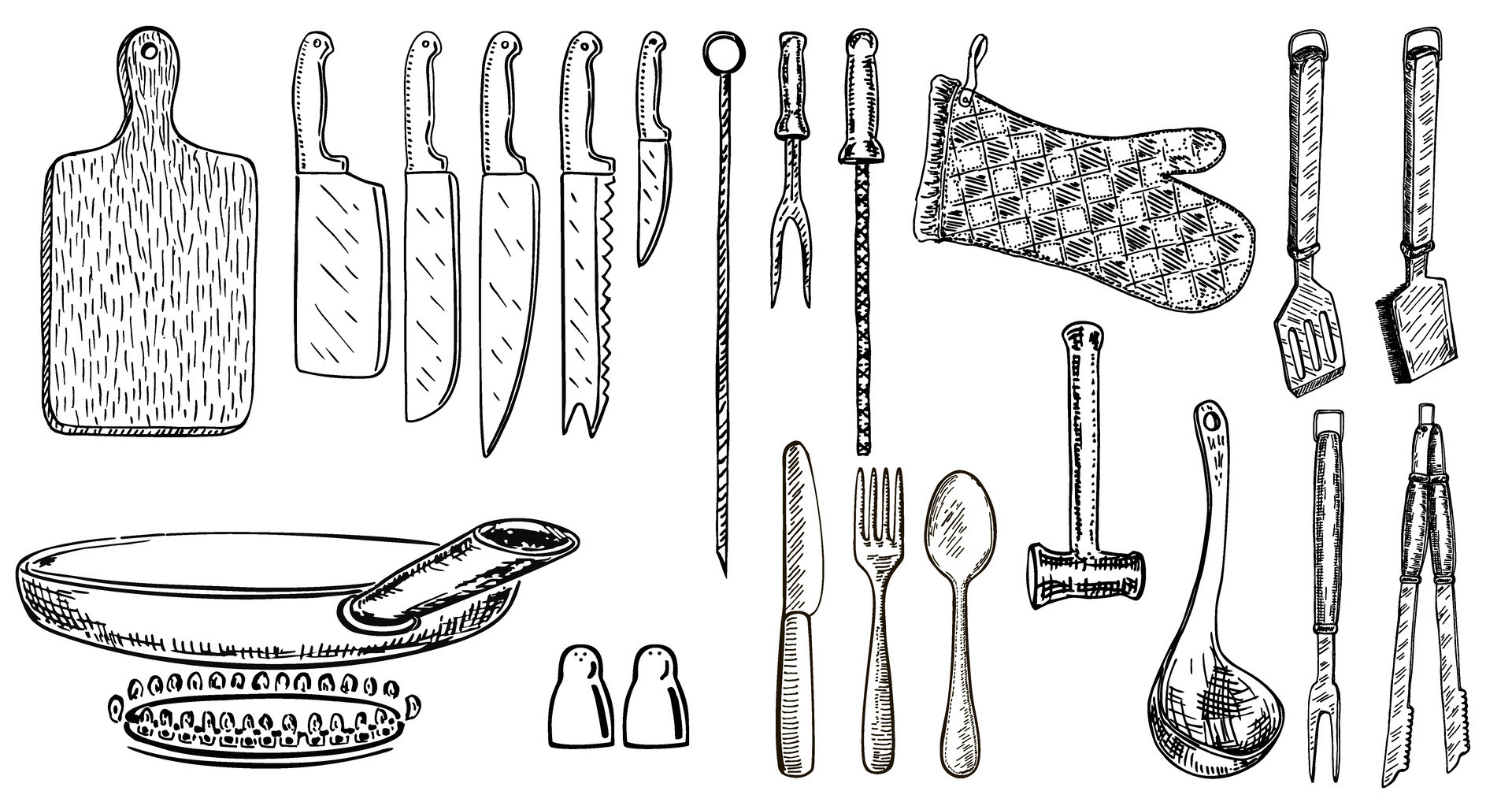 Set of kitchen utensils. Kitchen tools. Handdrawn dishes and cutlery