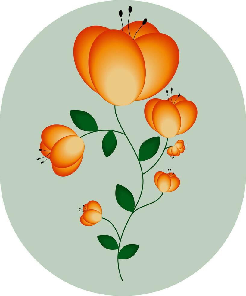 Flower with orange gradient petals and green stems and leaves in an oval vector