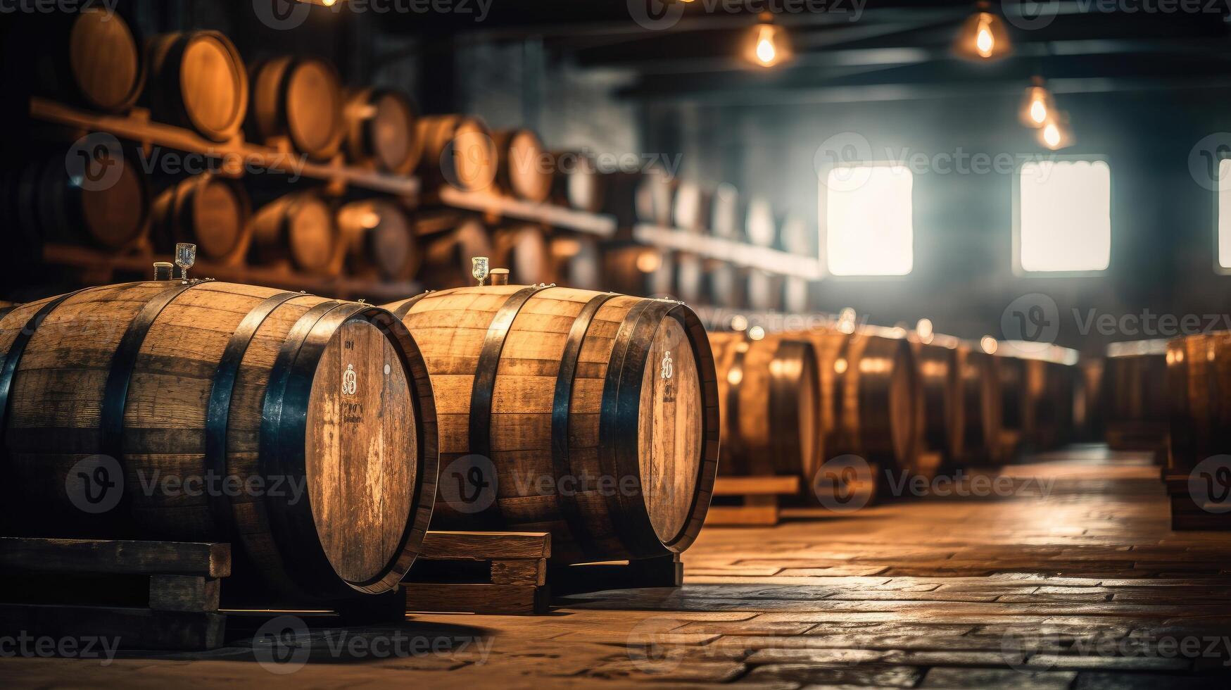 Oak barrels for beer fermentation in breweries. generative ai 28242843