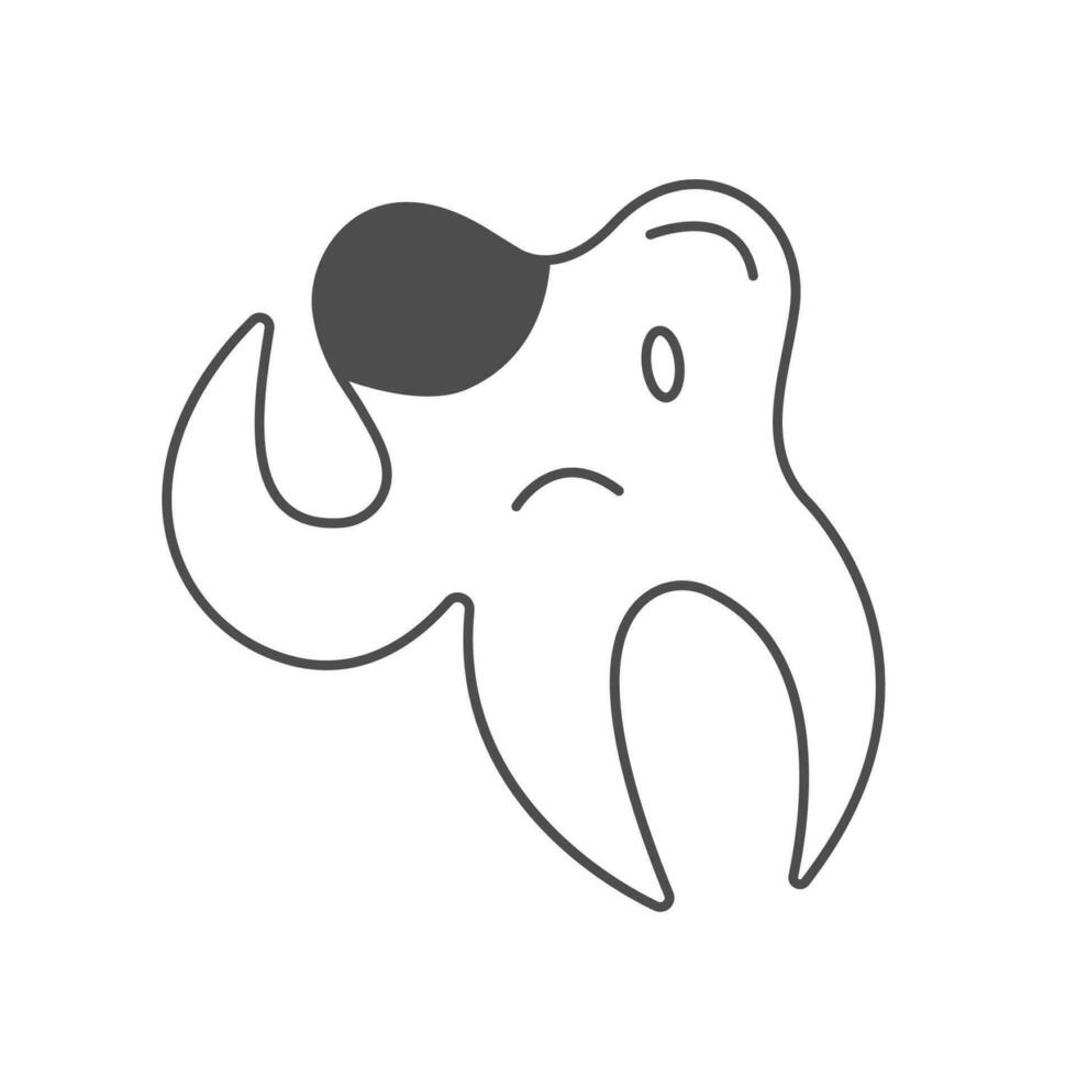 Oral hygiene concept. Cute doodle tooth character with caries. Dental vector personage. Concept for child dentistry. Teeth cleaning and prevention.