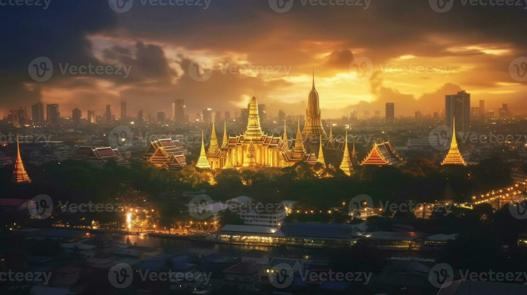 grandioso palacio y wat phra keaw a puesta de sol bangkok, tailandia hermosa punto de referencia. templo de el Esmeralda Buda. generar ai foto