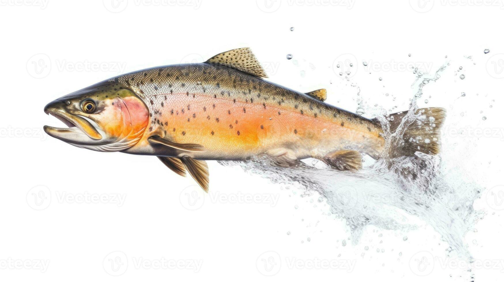 A salmon jumping out of the water isolated on white background. Salmon fish. Generative Ai photo