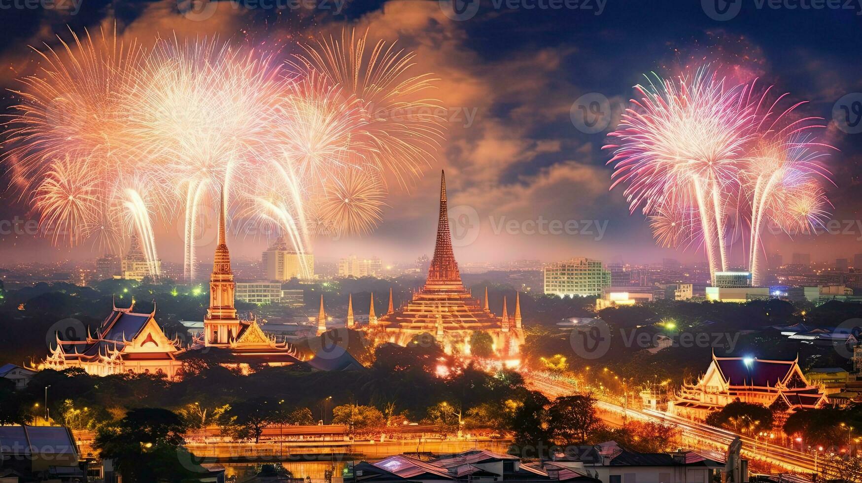 Happy new year in the capital there are fireworks in the sky at night. Generate Ai photo