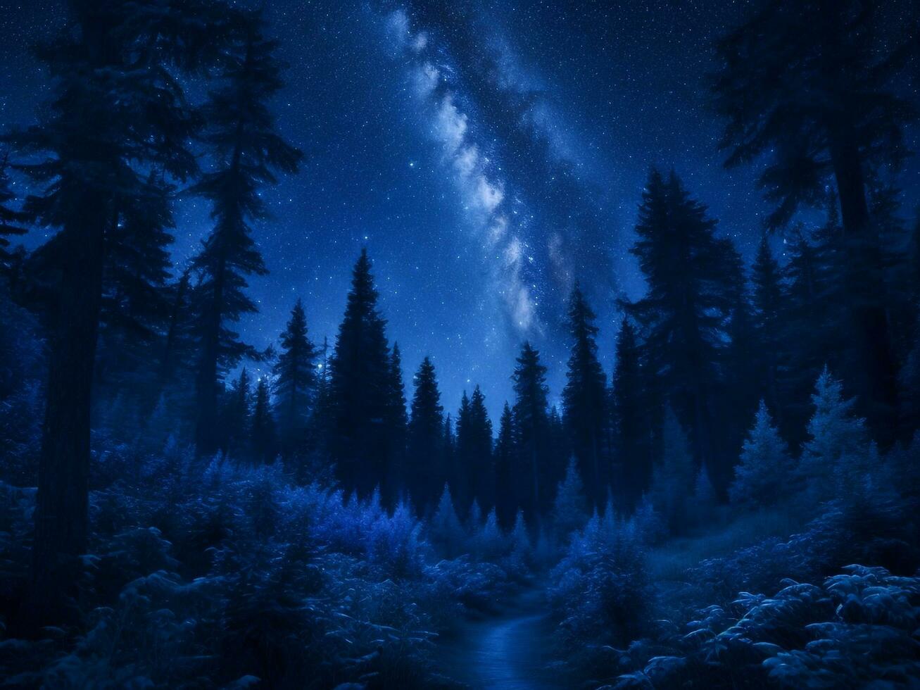 Mystical Moonlit Forest  Serene Nature Night Background, Ai Generative photo