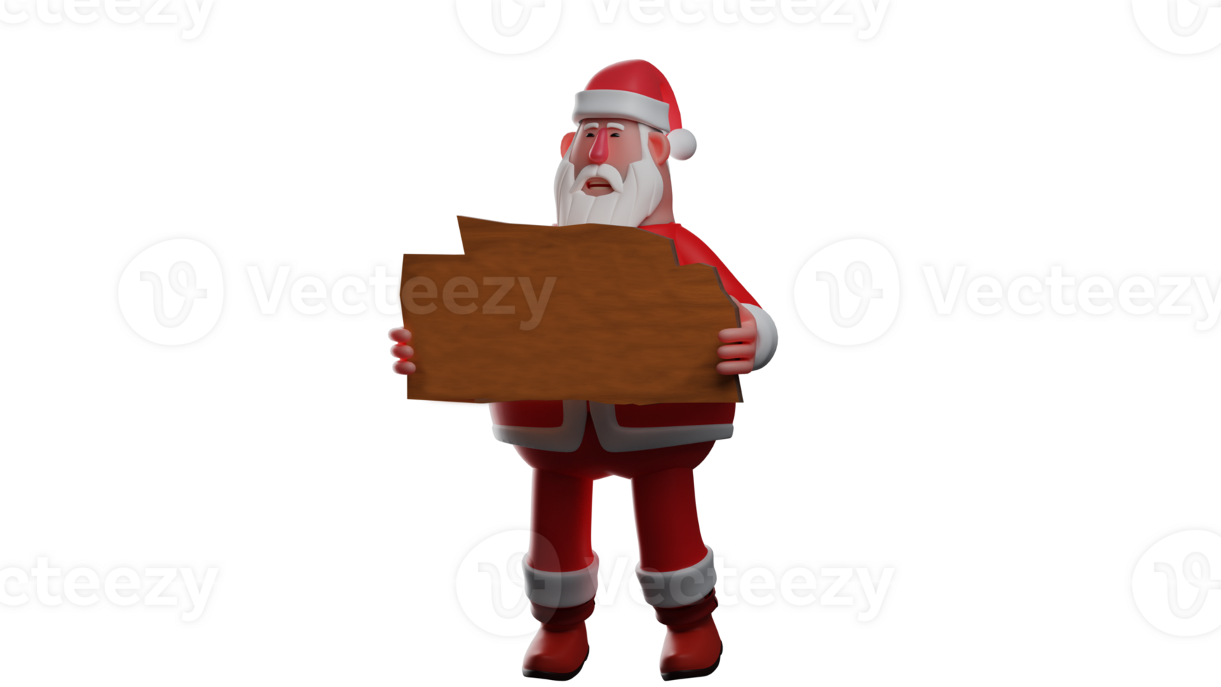 3D illustration. Sweet Santa Claus 3D Cartoon Character. Santa standing showing wooden board for Christmas celebration decoration. Santa carries a wooden plank in both hands. 3D Cartoon Character png