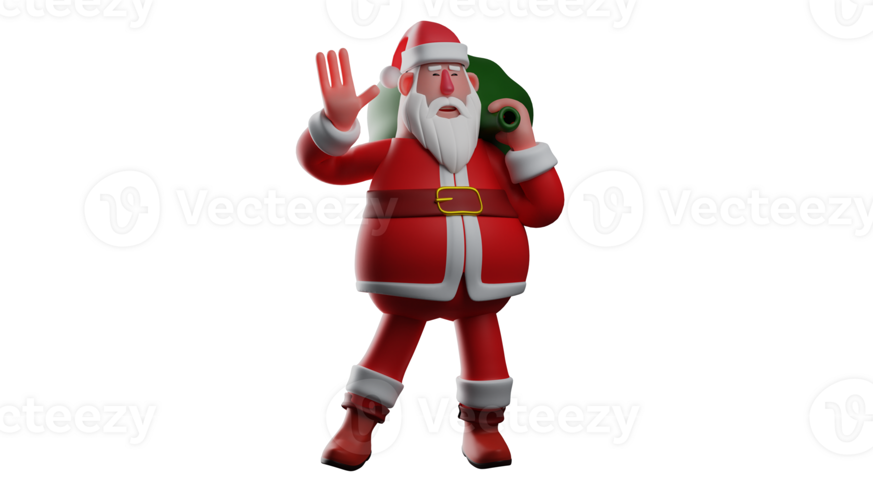 3D illustration. Friendly Santa Claus 3D Cartoon Character. Santa Claus carries a sack of presents on his shoulders. Santa waves to someone he meets on the street. 3D Cartoon Character png
