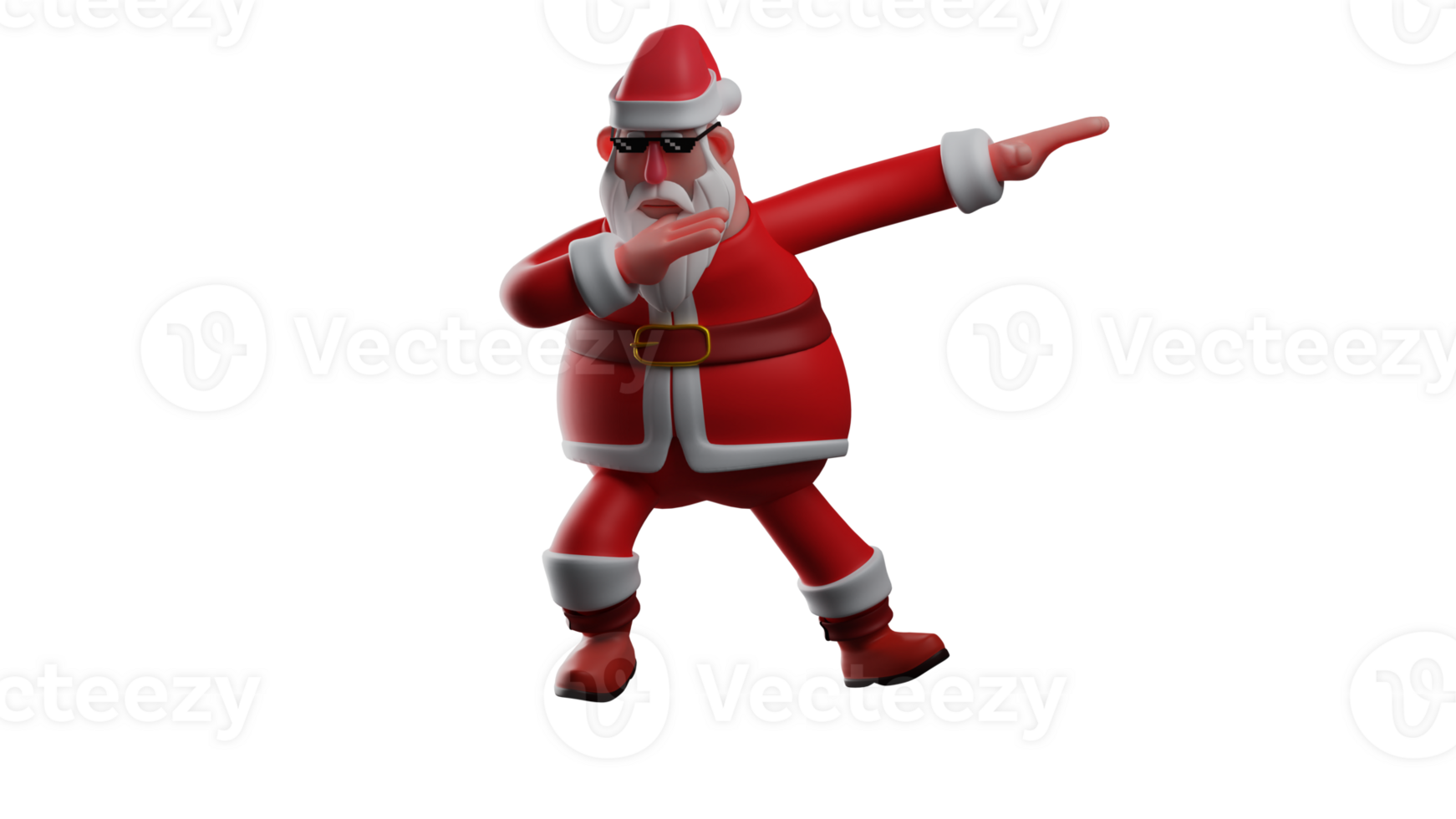 3D illustration. Charming Santa Claus 3D Cartoon Character. Santa with DAB pose. Santa holds the candy cane he brought at Christmas celebrations. Santa wears a black sunglasses. 3D Cartoon Character png