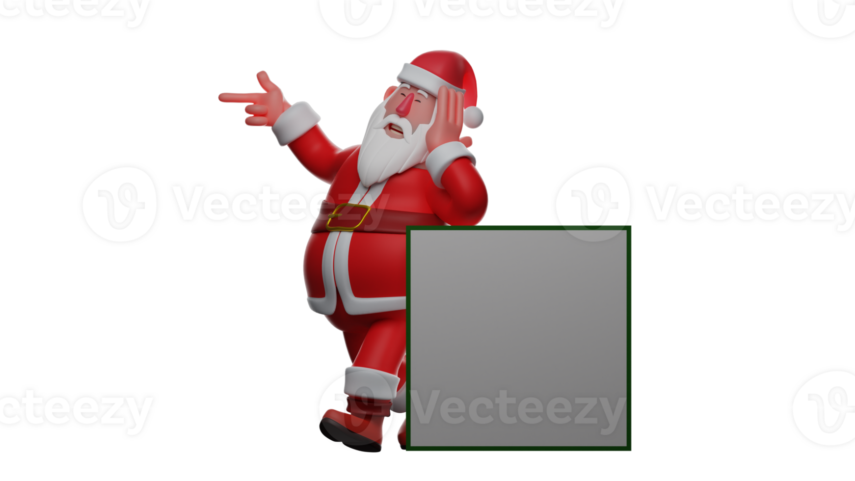 3D illustration. Santa Claus 3D Cartoon Character. Santa Claus stands leaning against a white board. An old Santa propped on his chin and pointing to the side. 3D Cartoon Character png