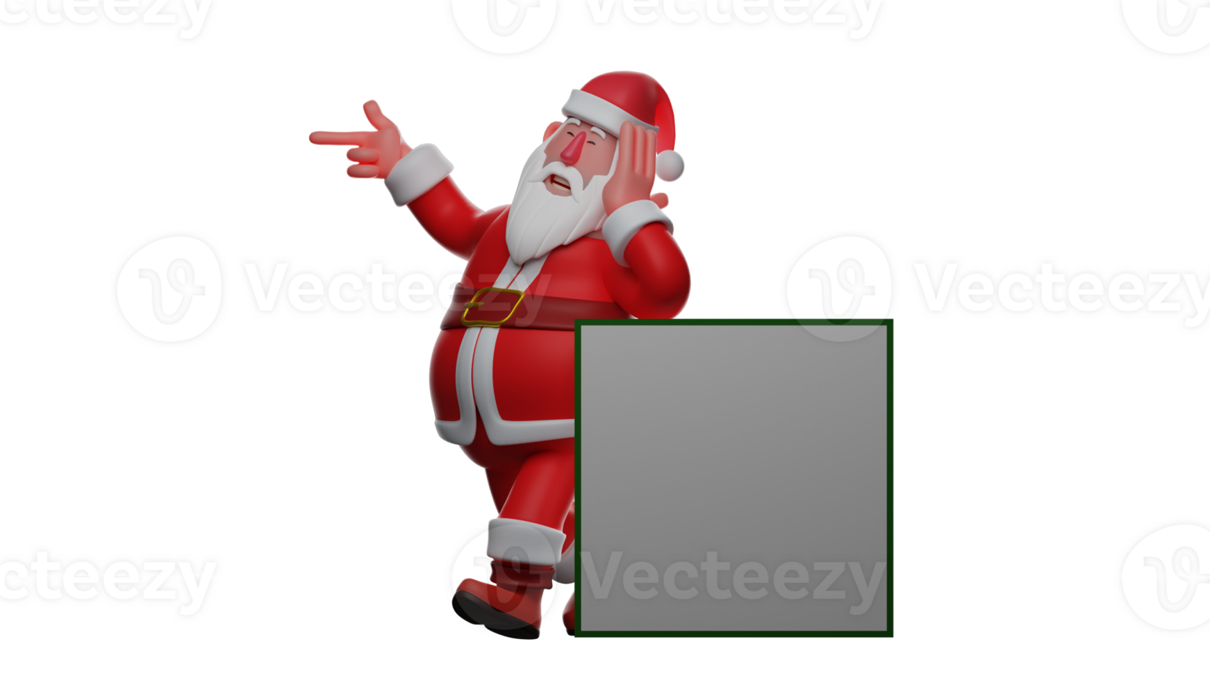 3D illustration. Santa Claus 3D Cartoon Character. Santa Claus stands leaning against a white board. An old Santa propped on his chin and pointing to the side. 3D Cartoon Character png