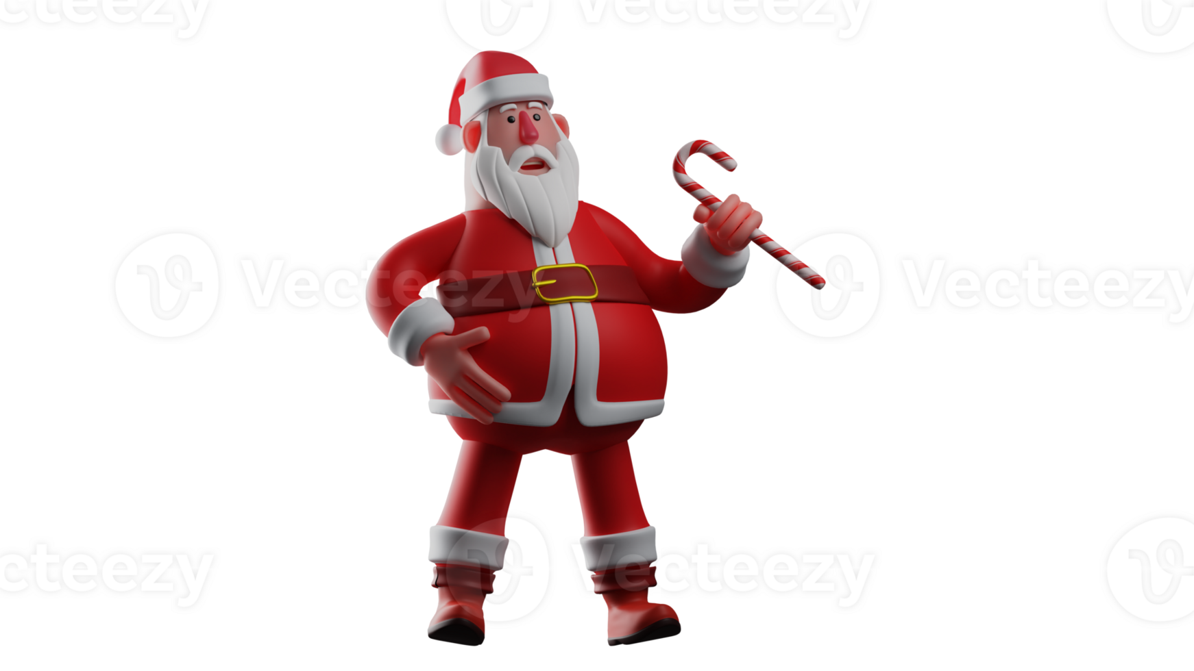 3D illustration. Old Santa Claus 3D Cartoon Character. Santa shows his surprised expression seeing something in front of him. Santa claus holding a Christmas candy cane. 3D Cartoon Character png