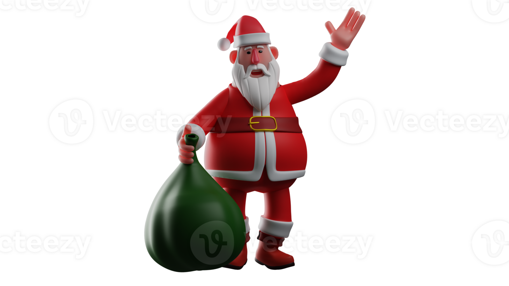 3D illustration. Santa Claus 3D Cartoon Character. Santa Claus waving is calling someone. Santa asks for help to lift the sack of presents he will take to the Christmas party. 3D Cartoon Character png