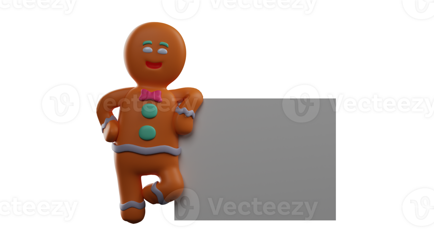 3D illustration. Charming Gingerbread 3D Cartoon Character. Gingerbread leaned against the blackboard beside him. Gingerbread stands in a cool pose. Gingerbread with cute smile. 3D Cartoon Character png