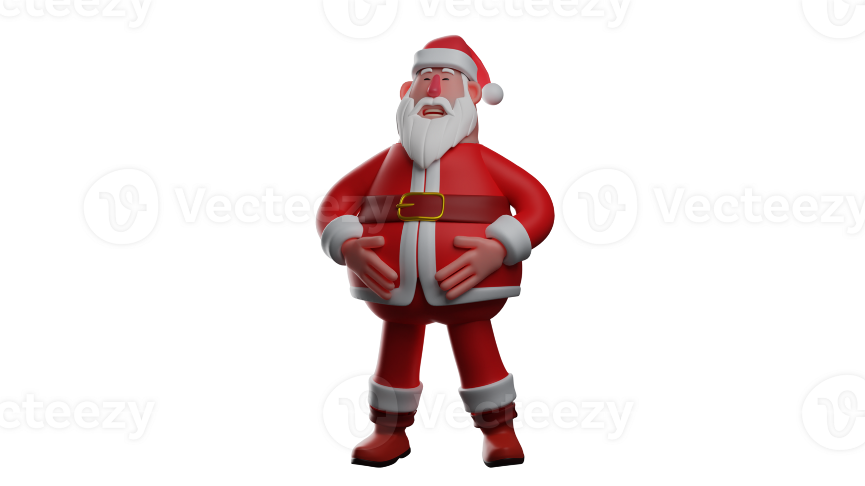 3D illustration. Cute Santa 3D Cartoon Character. Santa Claus laughed while holding his stomach with both hands. Santa Claus looks happy and laughs out loud. 3D Cartoon Character png