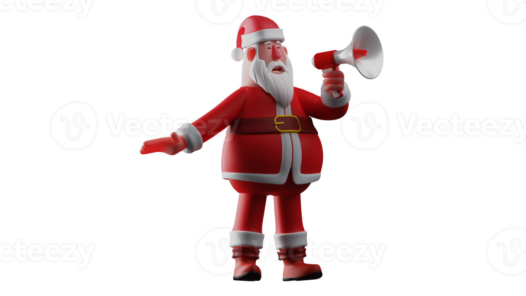 3D illustration. Excited Santa 3D Cartoon Character. Santa Claus standing talking using a megaphone. Santa makes an announcement about Christmas celebrations tonight. 3D Cartoon Character png