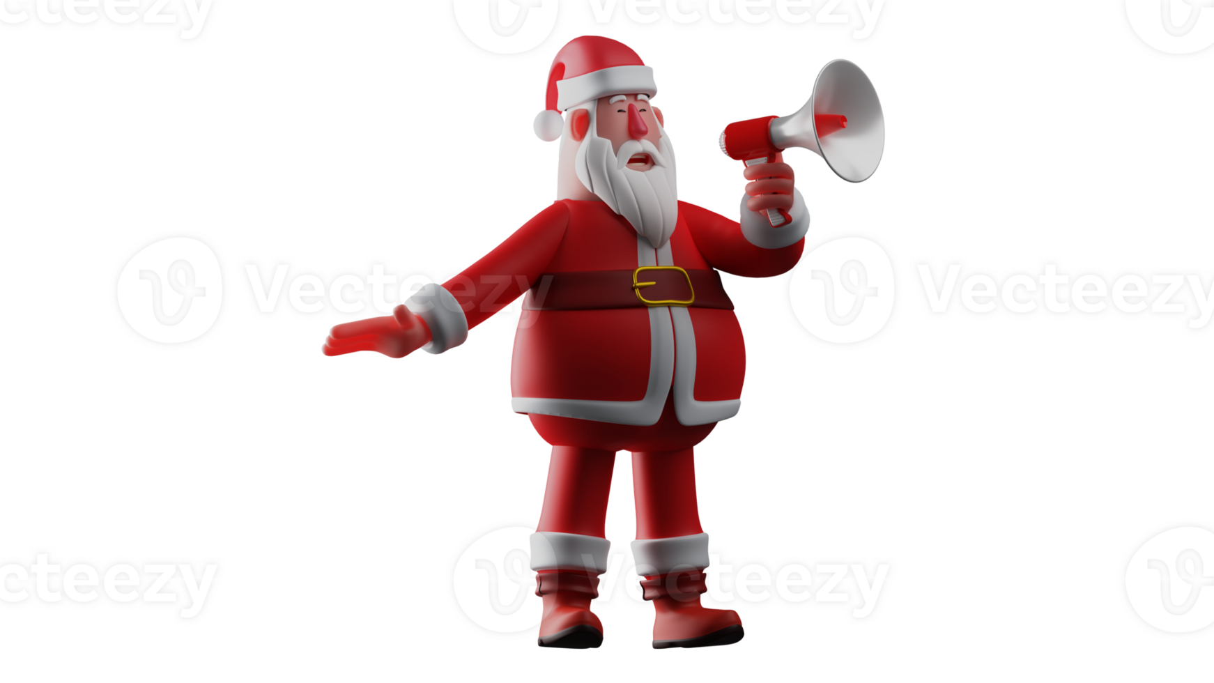 3d illustratie. opgewonden de kerstman 3d tekenfilm karakter. de kerstman claus staand pratend gebruik makend van een megafoon. de kerstman maakt een Aankondiging over Kerstmis vieringen vanavond. 3d tekenfilm karakter png