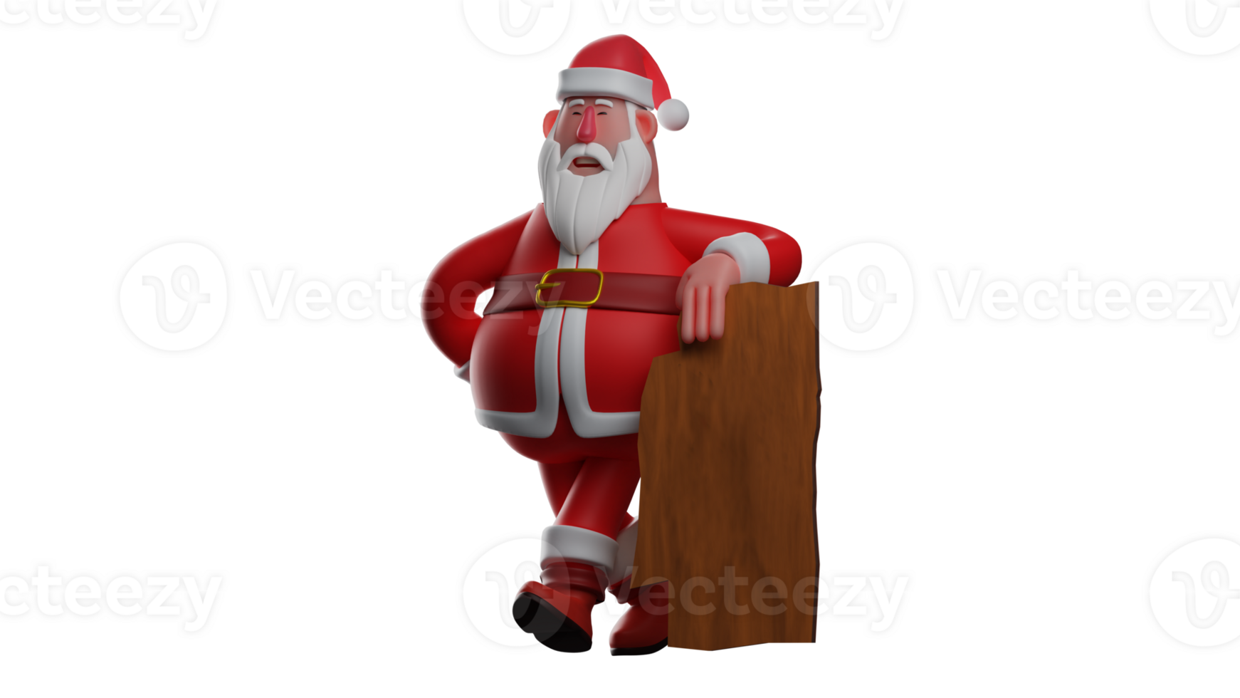 3D illustration. Relaxed Santa Claus 3D Cartoon Character. Santa standing leaning against a wooden plank. Santa shows his happy face observing his surroundings. 3D Cartoon Character png