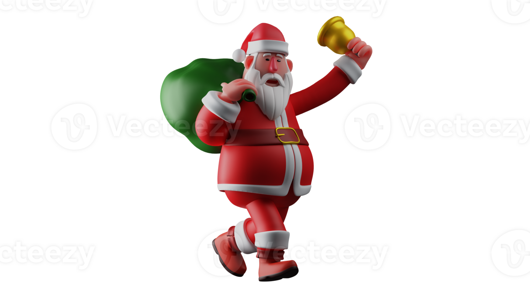 3D illustration. Happy Santa 3D Cartoon Character. Santa Claus walked towards the Christmas celebration while ringing the golden bell he was carrying. Santa carries a gift sack. 3D Cartoon Character png