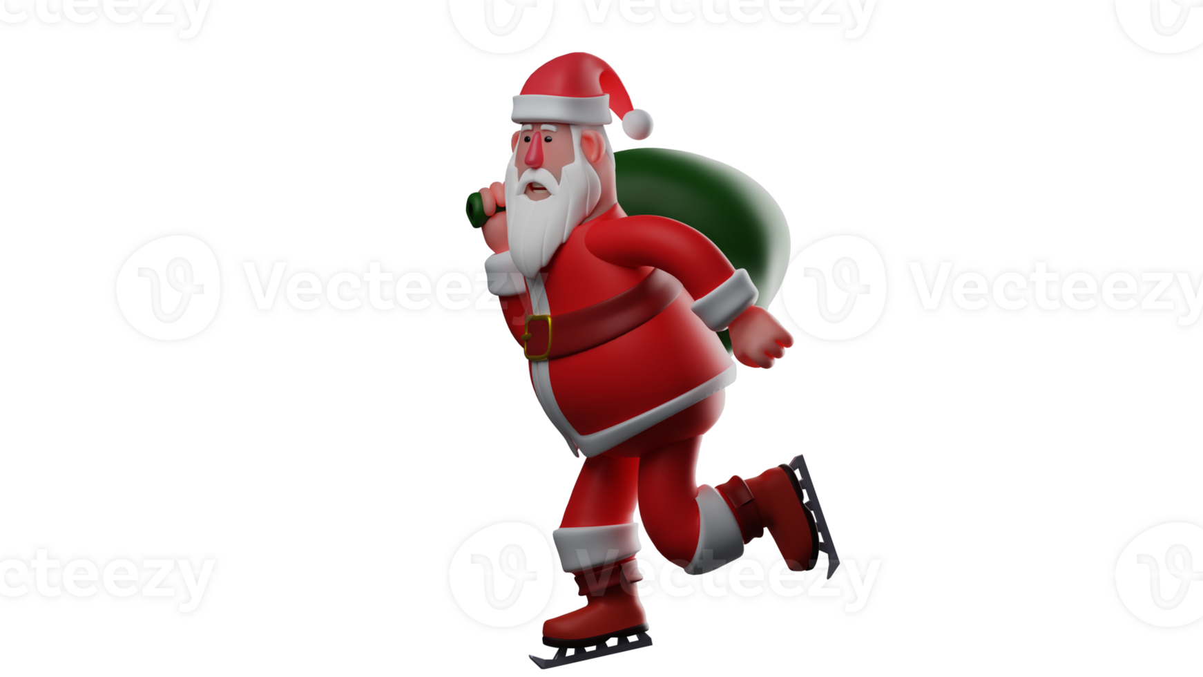 3D illustration. Active Santa 3D Cartoon Character. Santa Claus running on skates. Santa Claus runs while carrying a sack containing gifts that he will distribute. 3D Cartoon Character png