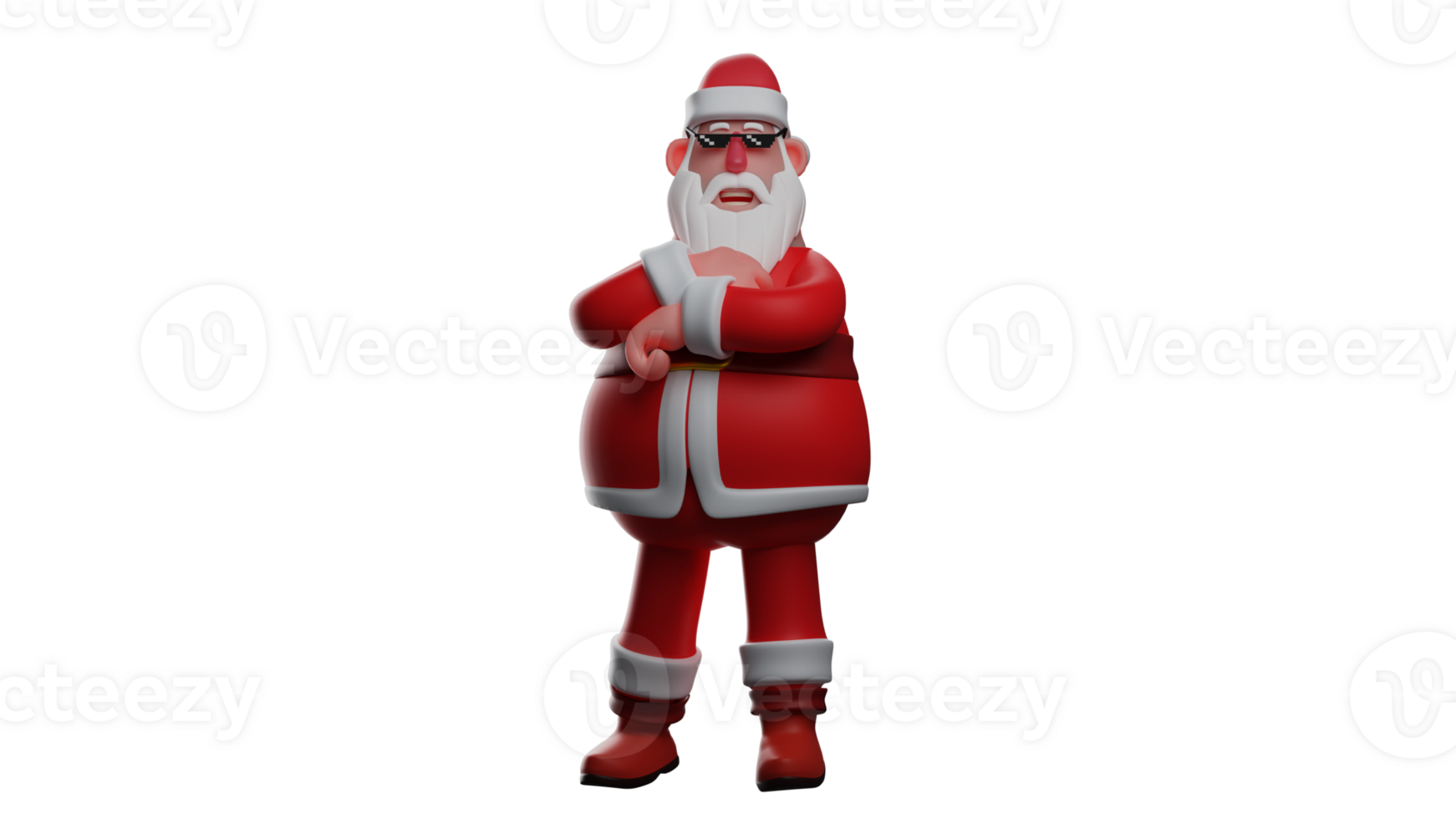 3D illustration. Cool Santa 3D Cartoon Character. Santa is standing and wearing sunglasses. Santa has his arms crossed and looks charming with his sweet smile. 3D Cartoon Character png