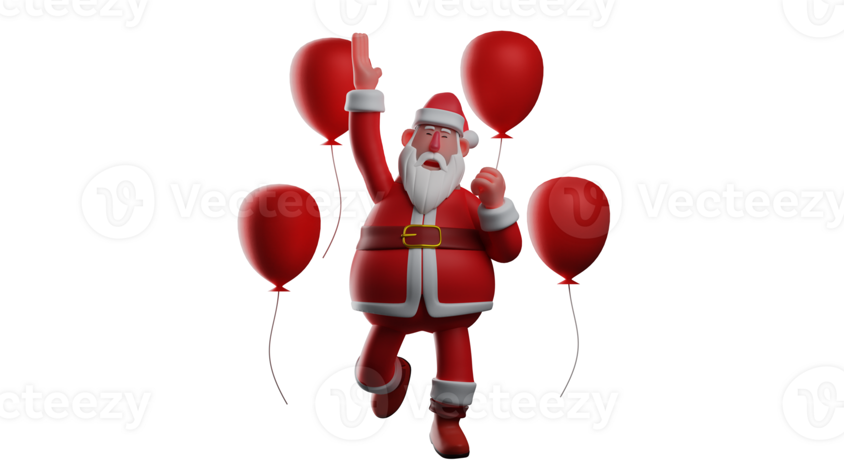 3D illustration. Fun Santa Claus 3D Cartoon Character. Santa dancing in his full costume. Santa Claus dancing among many red balloons. Santa looks happy. 3D Cartoon Character png