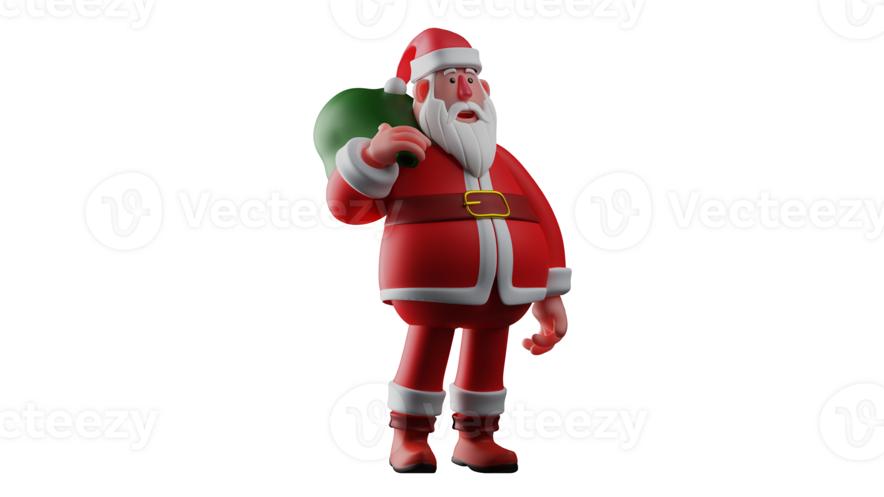 3D illustration. Surprised Santa Claus 3D Cartoon Character. Santa is standing looking at something in front of him. Santa Claus carried a sack and showed a surprised expression. 3D Cartoon Character png