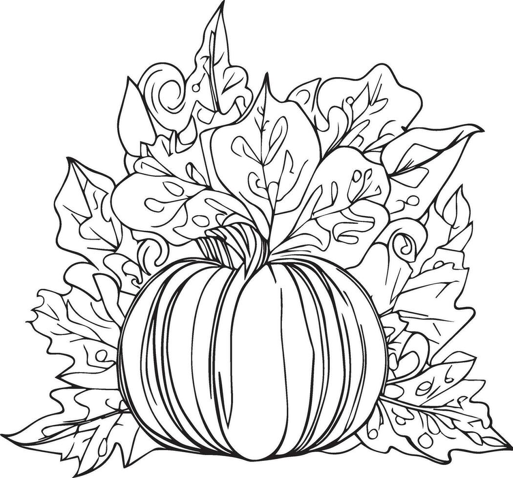 pumpkin and leaves for Halloween. coloring page for children, cute fall coloring pages, autumn leaves outline vector illustration, hello september coloring pages