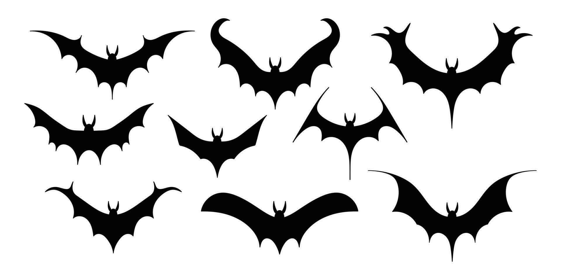 Bat silhouettes. Isolated black bats, vampire graphic symbols set. Terrible scary neat decorative stencil for cutting, vector bunch