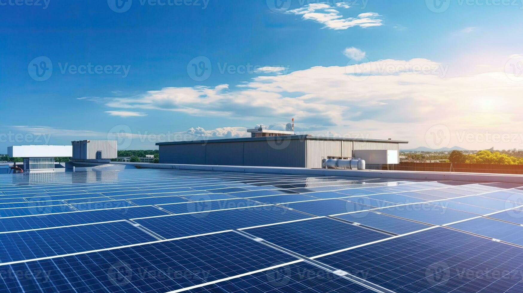 solar paneles en el techo en el ciudad, limpiar energía concepto de solar energía azul cielo antecedentes. generativo ai foto