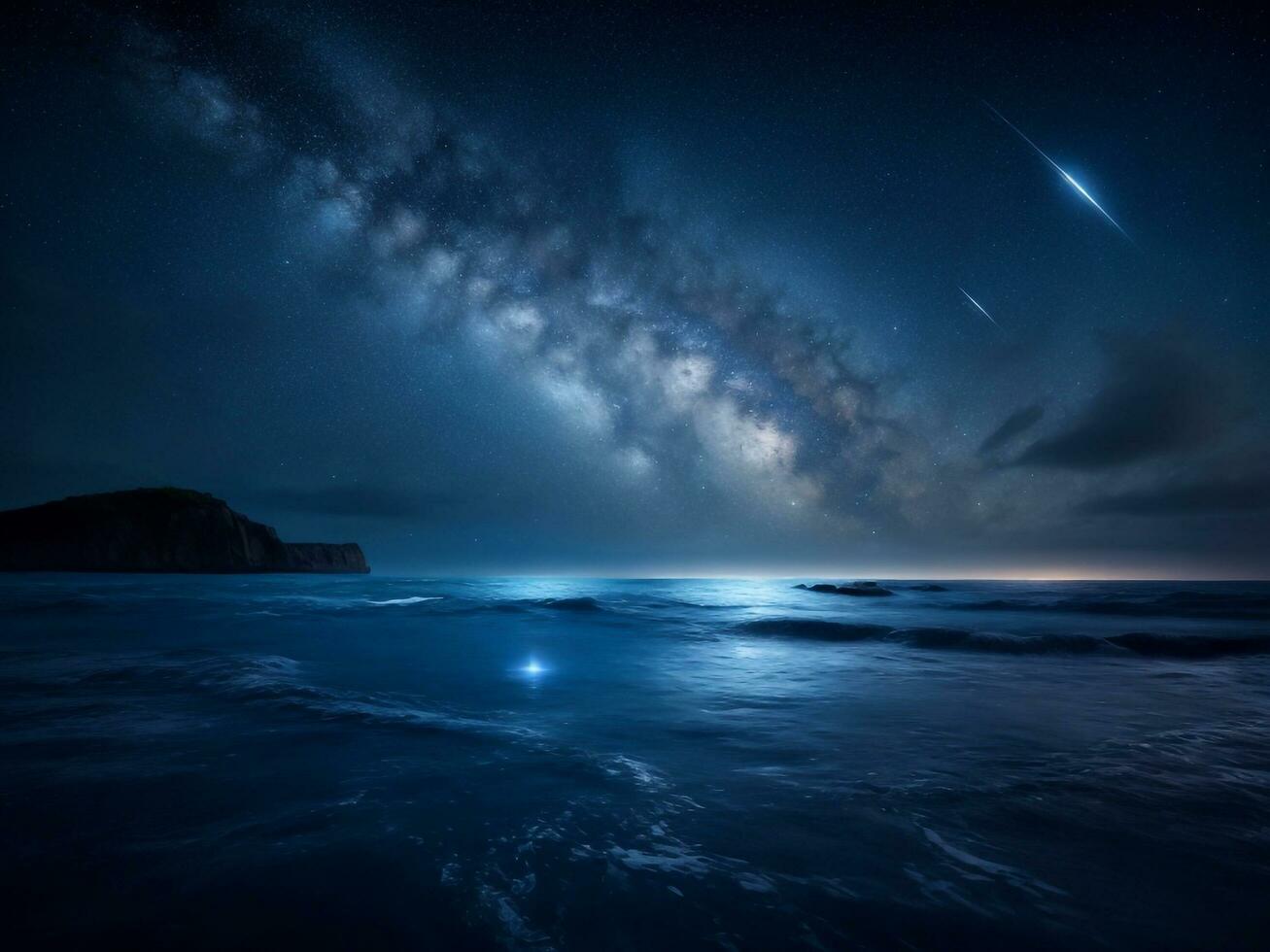 tranquilo noche marina con espumoso aguas y reflexivo luna, ai generativo foto