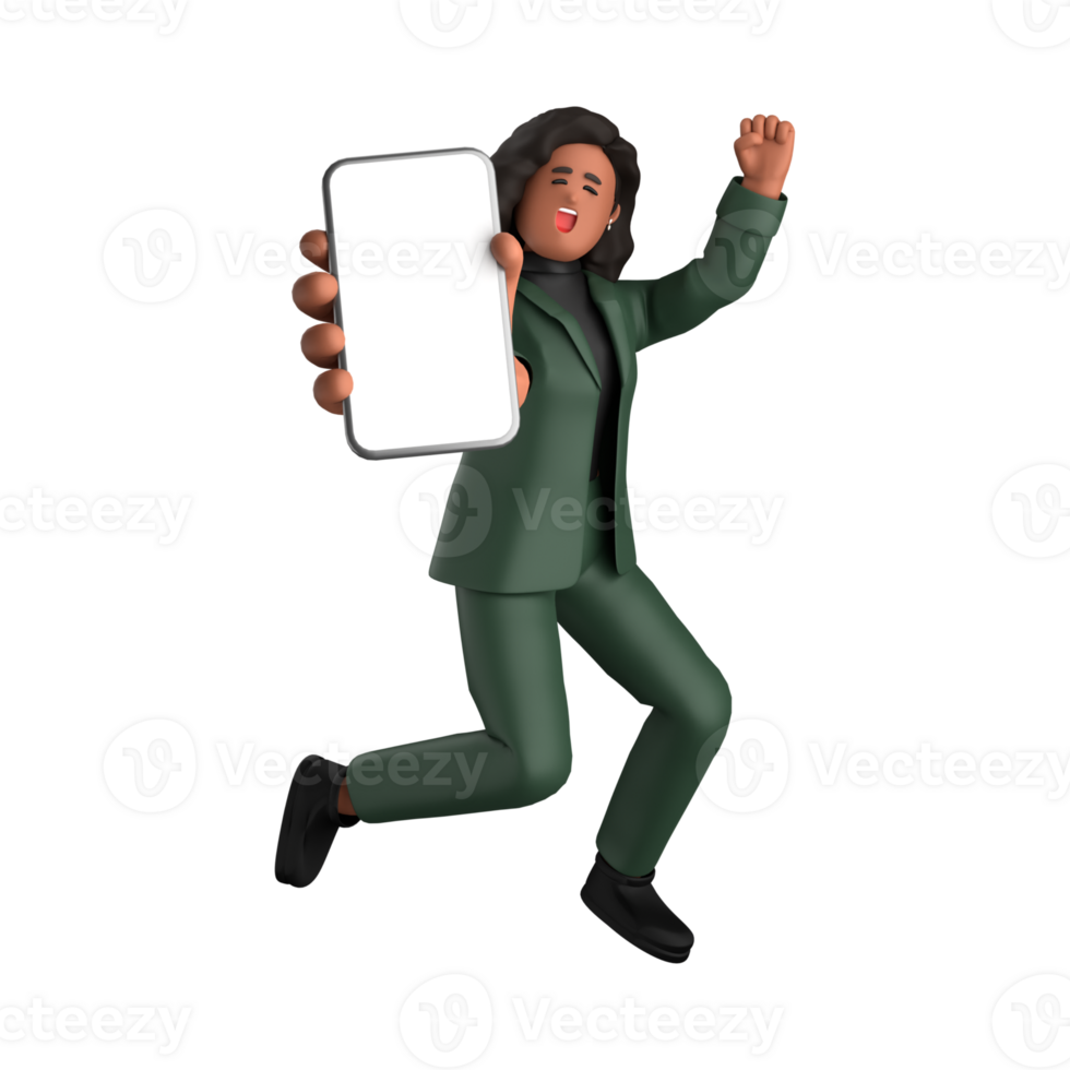 3d black business woman executive wearing a green suit pose standing with laptop, tablet, mobile phone, megaphone, 3d rendering png