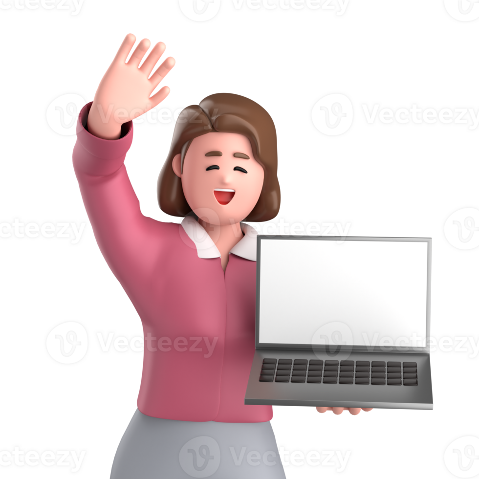 3d black business woman executive wearing a green suit pose standing with laptop, tablet, mobile phone, megaphone, 3d rendering png