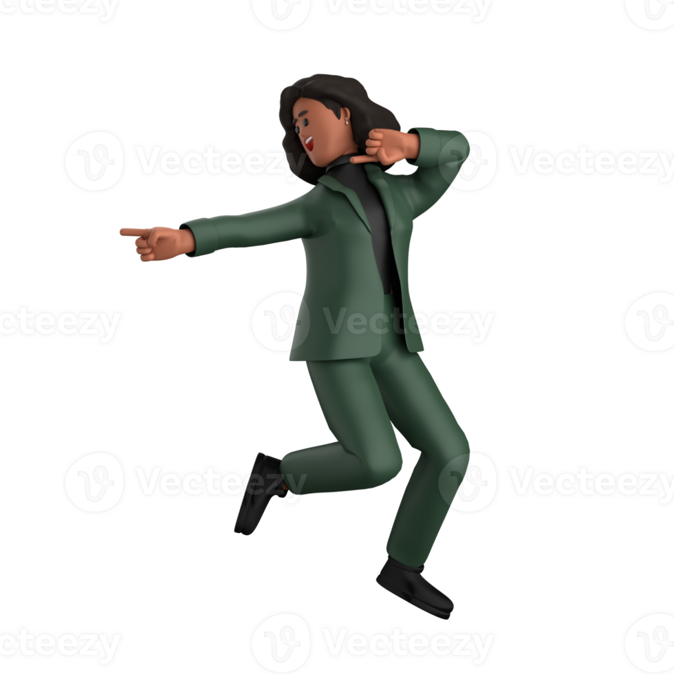 3d black business woman executive wearing a green suit pose standing with laptop, tablet, mobile phone, megaphone, 3d rendering png