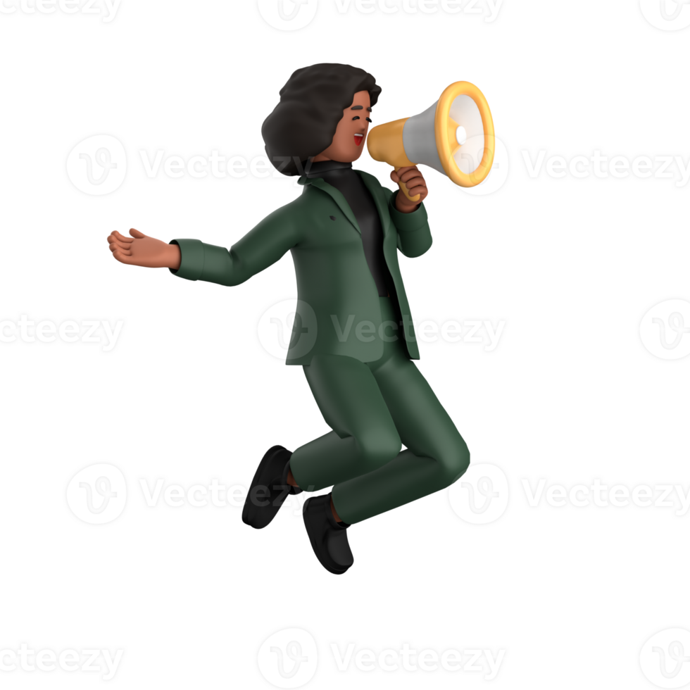 3d black business woman executive wearing a green suit pose standing with laptop, tablet, mobile phone, megaphone, 3d rendering png