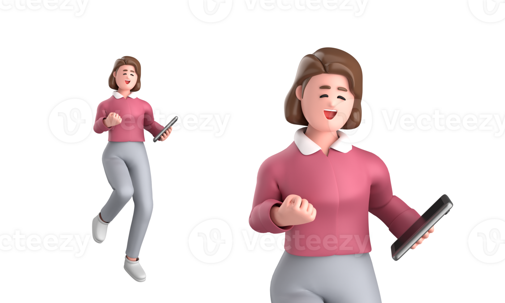 3d black business woman executive wearing a green suit pose standing with laptop, tablet, mobile phone, megaphone, 3d rendering png