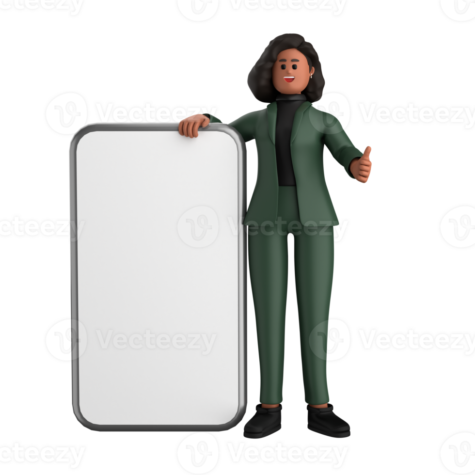 3d black business woman executive wearing a green suit pose standing with laptop, tablet, mobile phone, megaphone, 3d rendering png