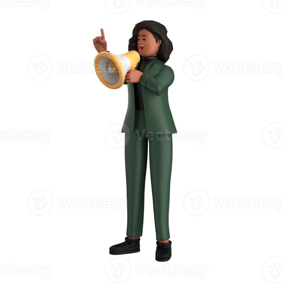 3d black business woman executive wearing a green suit pose standing with laptop, tablet, mobile phone, megaphone, 3d rendering png