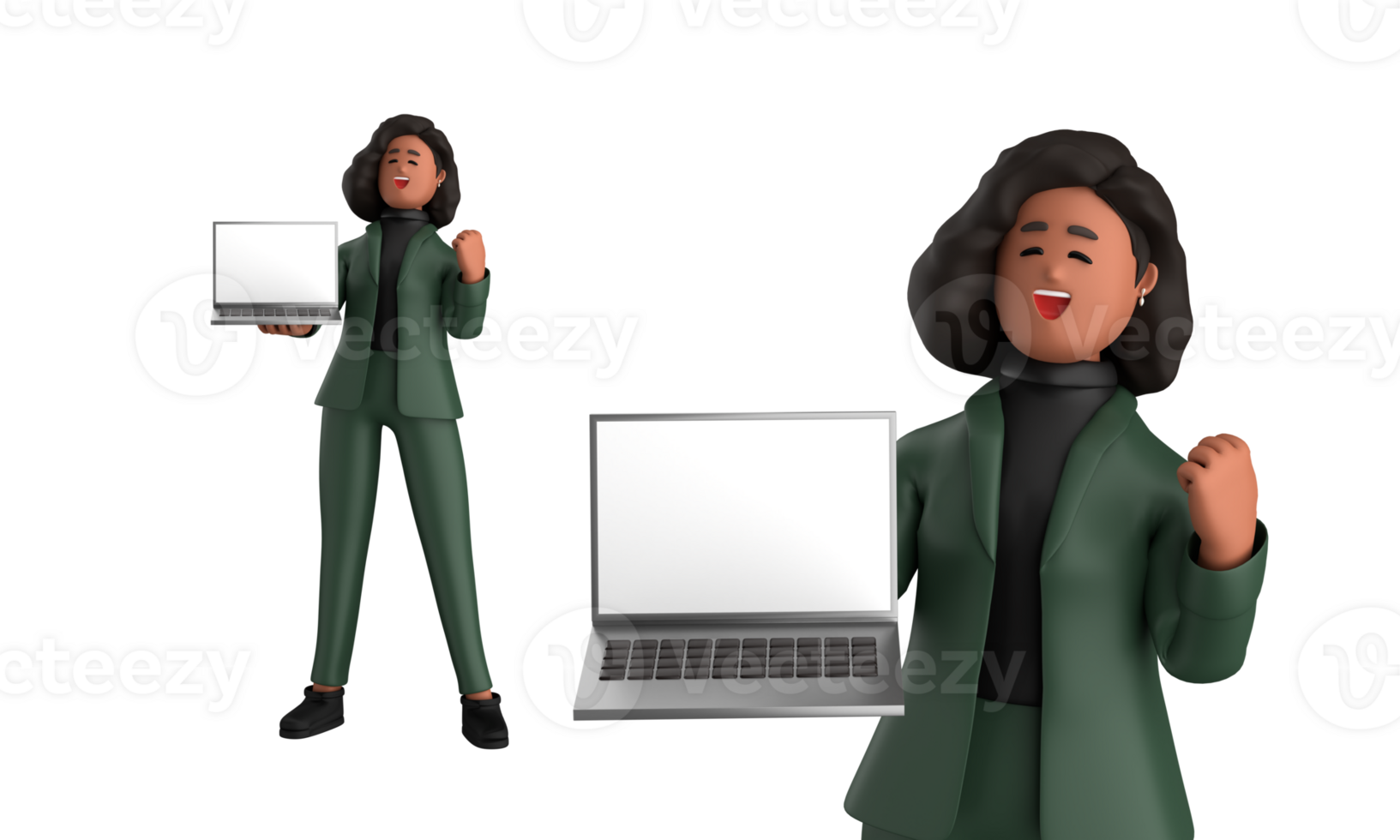 3d black business woman executive wearing a green suit pose standing with laptop, tablet, mobile phone, megaphone, 3d rendering png