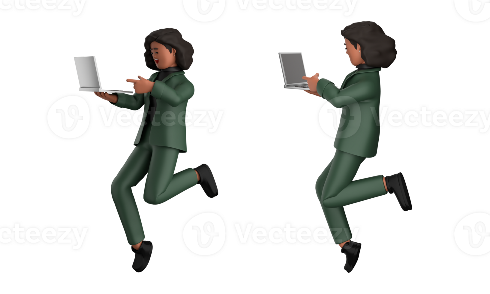 3d black business woman executive wearing a green suit pose standing with laptop, tablet, mobile phone, megaphone, 3d rendering png
