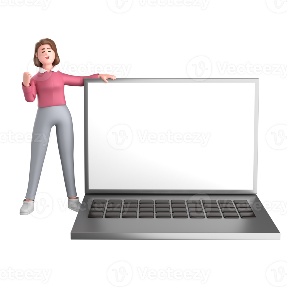 3d black business woman executive wearing a green suit pose standing with laptop, tablet, mobile phone, megaphone, 3d rendering png