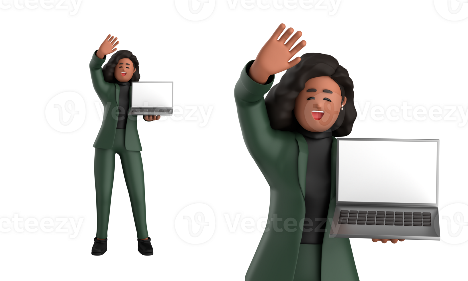 3d black business woman executive wearing a green suit pose standing with laptop, tablet, mobile phone, megaphone, 3d rendering png