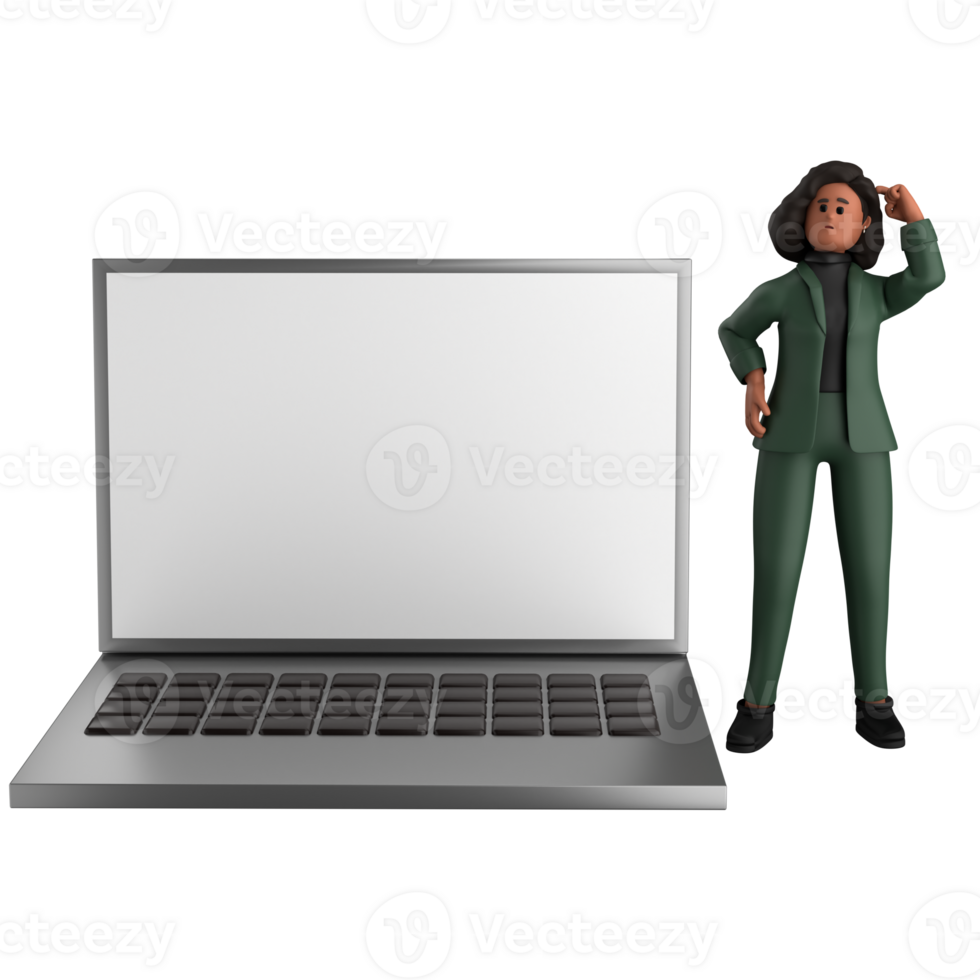 3d black business woman executive wearing a green suit pose standing with laptop, tablet, mobile phone, megaphone, 3d rendering png