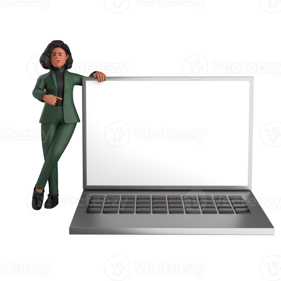 3d black business woman executive wearing a green suit pose standing with laptop, tablet, mobile phone, megaphone, 3d rendering png