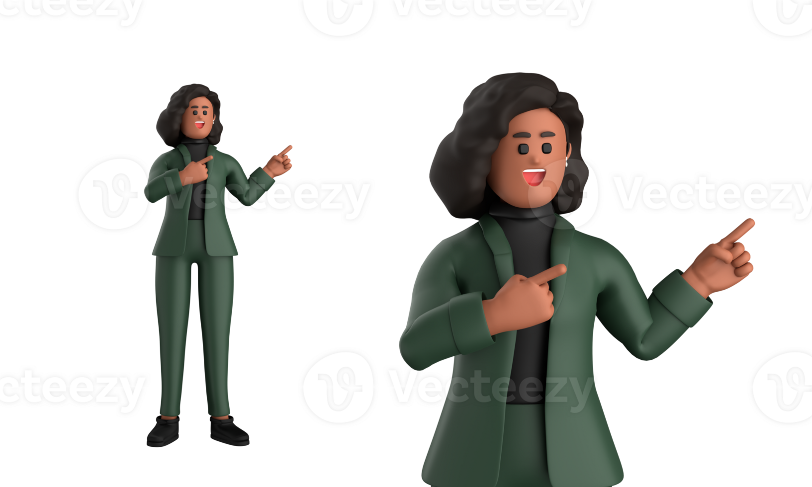 3d black business woman executive wearing a green suit pose standing with laptop, tablet, mobile phone, megaphone, 3d rendering png