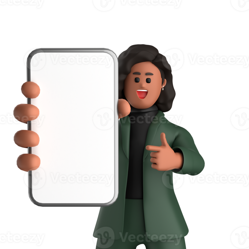 3d black business woman executive wearing a green suit pose standing with laptop, tablet, mobile phone, megaphone, 3d rendering png