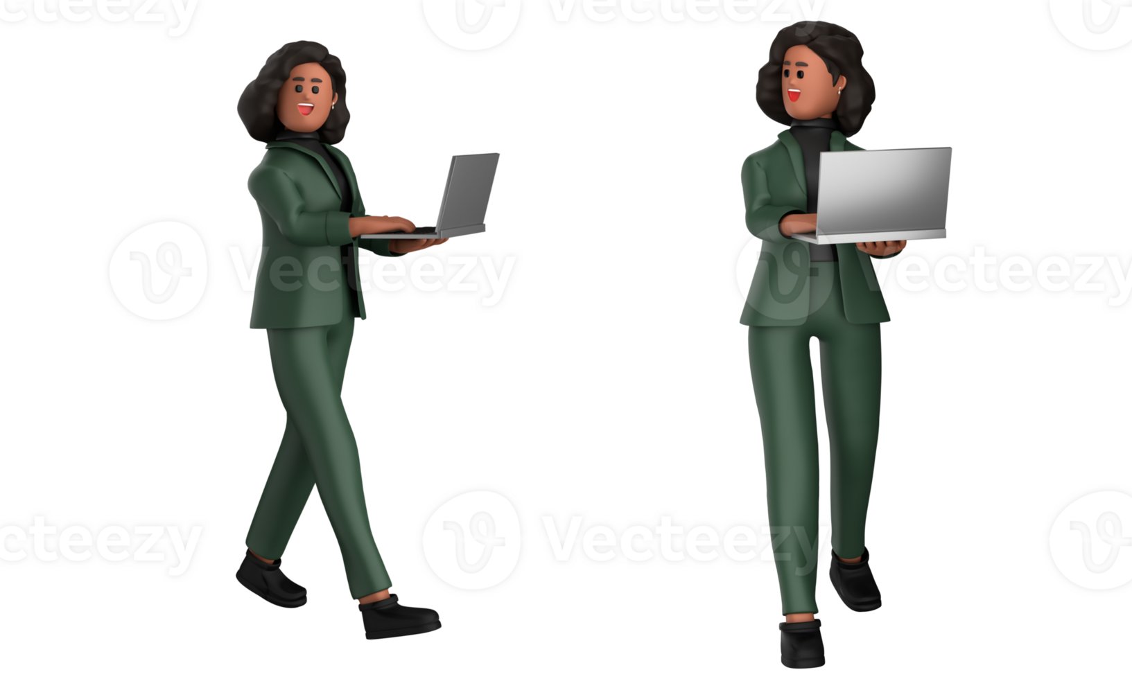 3d black business woman executive wearing a green suit pose standing with laptop, tablet, mobile phone, megaphone, 3d rendering png