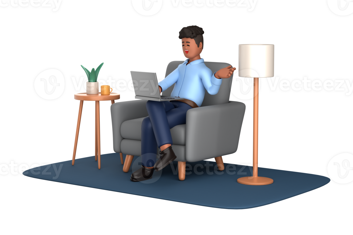 3d businessman executive pose sitting with laptop thinking about idea isolated on transparent background, 3d rendering png