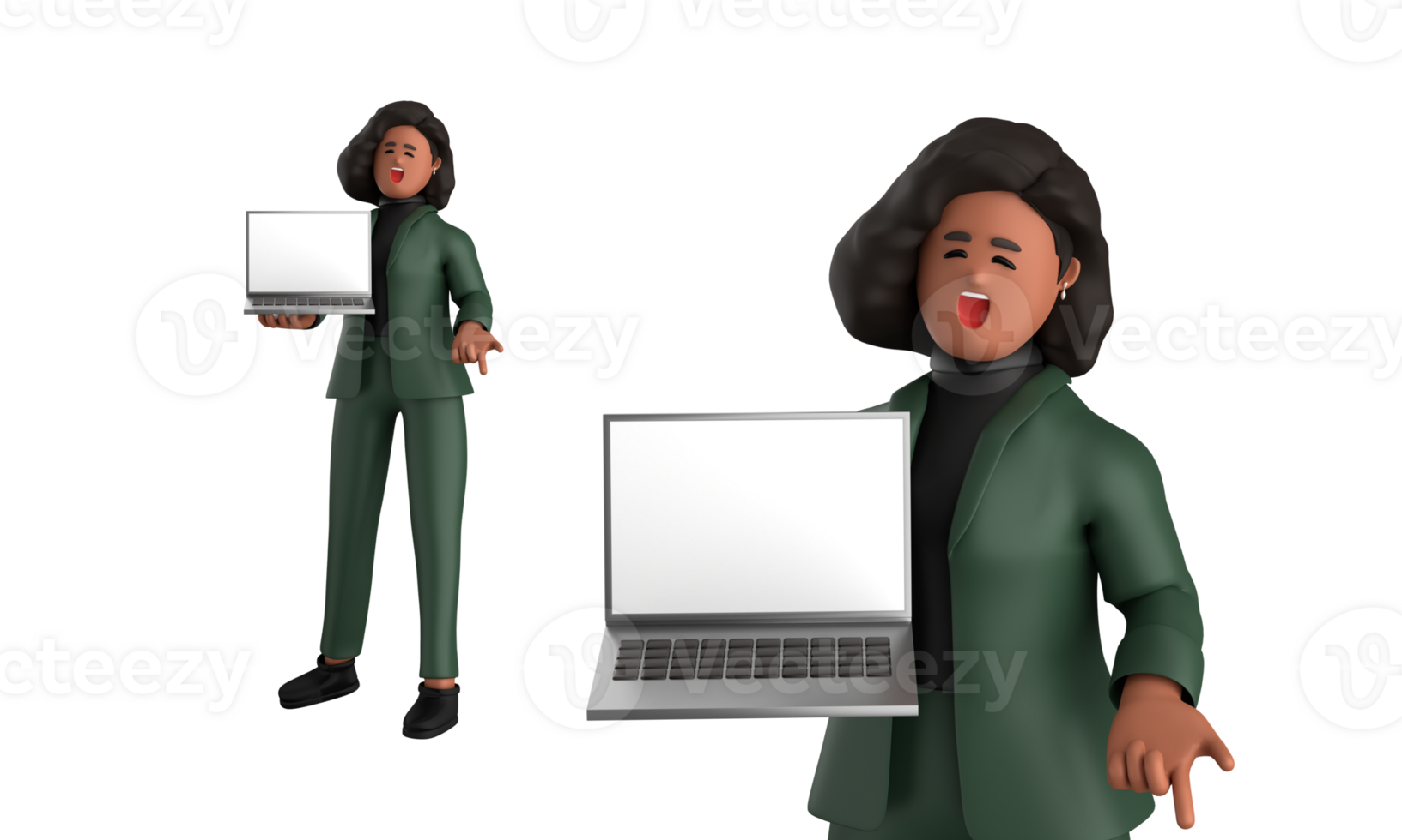 3d black business woman executive wearing a green suit pose standing with laptop, tablet, mobile phone, megaphone, 3d rendering png