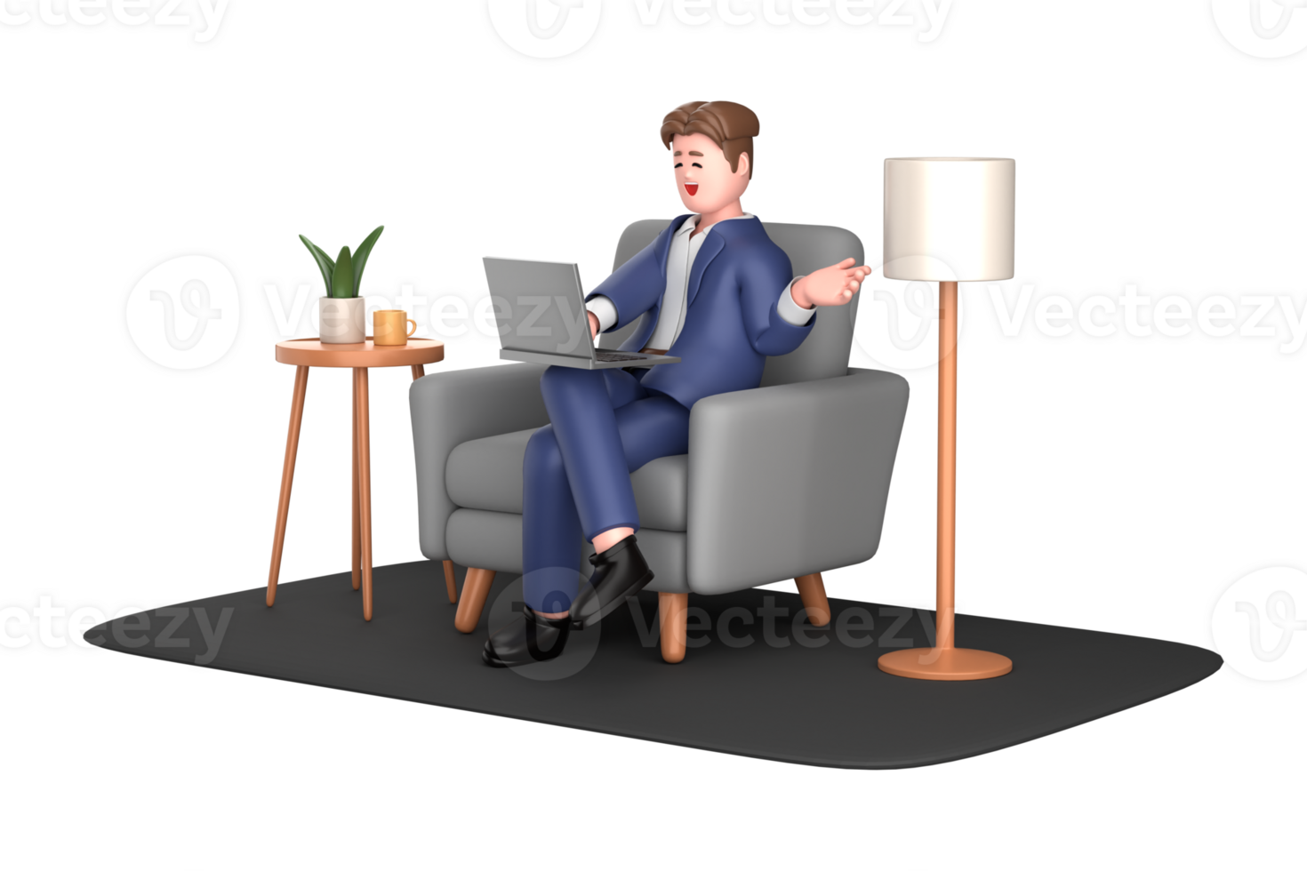 3d businessman executive pose sitting with laptop thinking about idea isolated on transparent background, 3d rendering png
